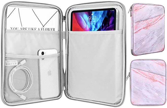 MoKo Sleeve Bag for 9-11 Inch Tablet, Protective Bag Carrying Case with Pocket Fits with iPad Pro 11 2021/2020/2018, iPad 8th 7th Generation 10.2, iPad Air 4 10.9, iPad 9.7, Pink Gray Marble