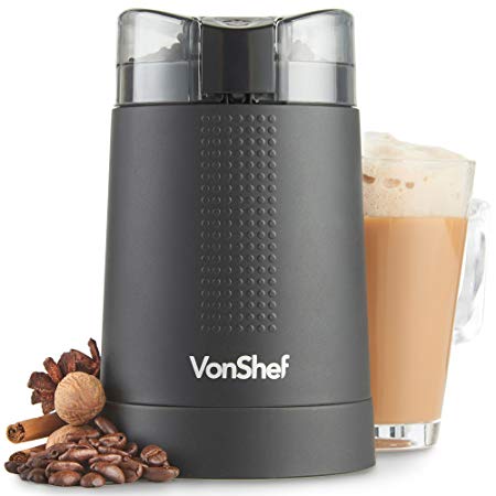 Vonshef 220 Volt Coffee Grinder -Whole Bean Nut Spice Blender - Matte Black - Bundle With Dynastar Plug Adapter 220-240 Volt (NOT FOR USA)