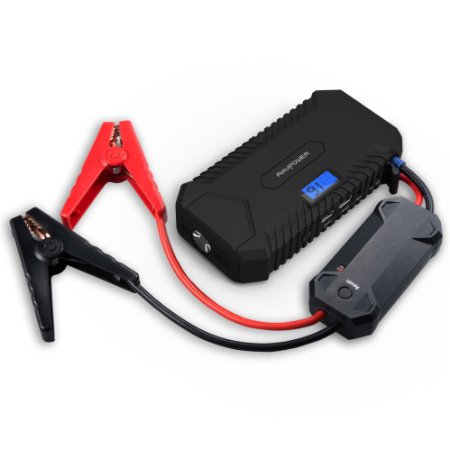 Car Jump Starter RAVPower 14000mAh Portable Charger 550A Peak Current Dual 21A iSmart USB Output Advanced Safety Protection LCD Display Built-In LED Flashlight