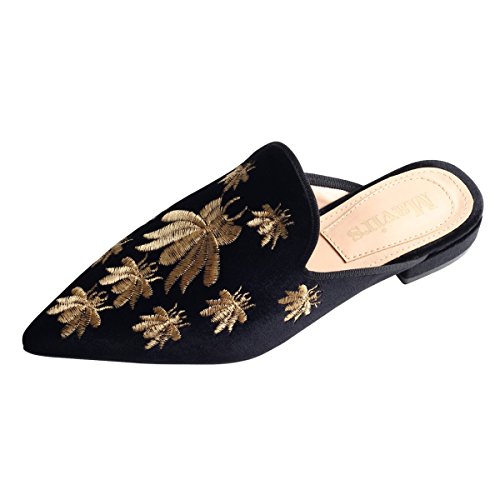 Loafers for Women,Mavirs Womens Loafers Velvet Backless Slip On Loafers Embroidery Mule Slippers