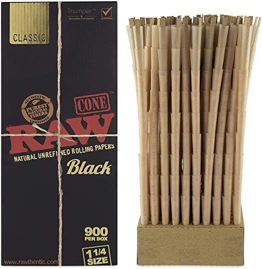 RAW Classic Black Prerolled Cones Bulk - 900 Count 1 1/4 Size Natural Classic Unrefined Rolling Papers - Pre-Roll Cones - Filter Tips - Natural Brown Unbleached Unrefined Rolling Papers