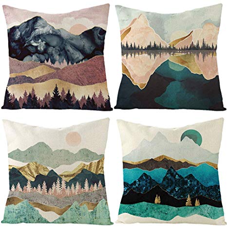 IcosaMro Throw Pillow Covers 4 Pack, Nature Mountain Pillow Case 18x18 Decorative Cotton Linen Cushion Cover Room Decor, Turquoise Teal Brown
