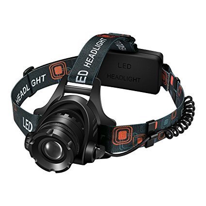 Pictek LED Headlamp, 3 Modes Rechargeable Headlamp Super Bright Waterproof Flashlight with Cree T6 Chip and Adjustable Elastic Headstrap for Camping/Hunting/Hiking/Running/Reading