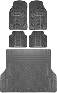 OxGord 5pc Full Set Ridged Rubber Floor Mats, Universal Fit Mat for SUVs Vans- Front Rear, Driver Passenger Seat, and Trunk Liner Gray