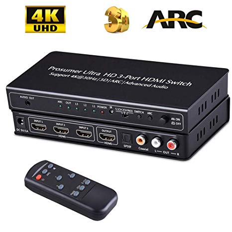 HDMI Switch Audio Extractor 4K Auto Switcher with ARC Remote Selector for TV HDCP Projector Speakers - 3D Video Switching HUB Box 3 Port in to Optical SPDIF Toslink Coax & 3.5MM / LR RCA Out Splitter