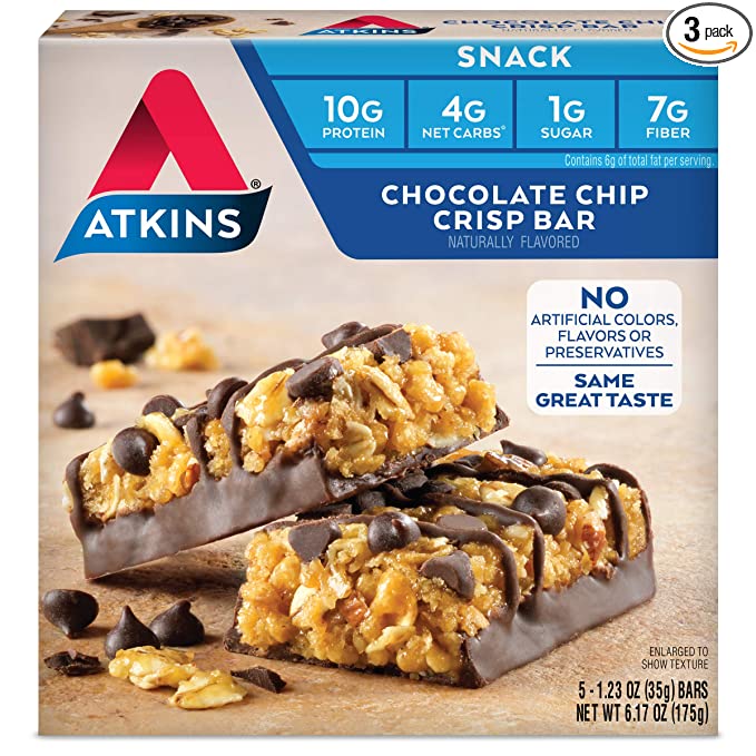 Atkins Day Break Chocolate Chip Crisp Bar. Rich and Decadent Treats with Low Sugar and Net Carbs. Great Source of Protein and Fiber. 5 Bars per Pack (3 Pack)