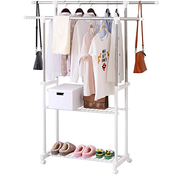 ALPHA HOME Clothes Drying Rack Adjustable Rolling Garment Rack for Hanging Clothes Double Rail Laundry Clothing Rack with Wheels & Middle Bottom Shelves