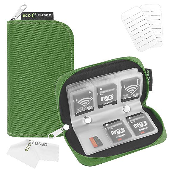 Memory Card Carrying Case - Suitable for SDHC and SD Cards - 8 Pages and 22 Slots - ECO-FUSED Microfiber Cleaning Cloth Included (1 Pack, Green)