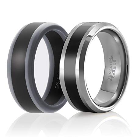 SOLEED Twins - Set of 2-1 Tungsten Wedding Band and 1 Silicone Rubber Wedding Ring for Men, Classic Style
