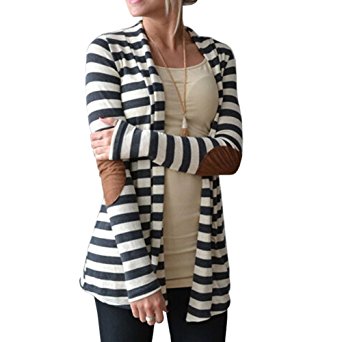 Women's Elbow Patch Long Sleeve Shawl Collar Open Front Striped Cardigan