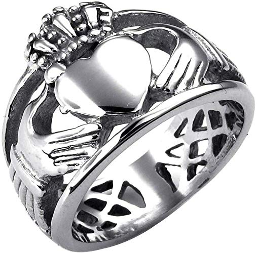 Sobly Jewelry Men's Stainless Steel Claddagh Heart Crown Ring with Celtic Knot Eternity Design