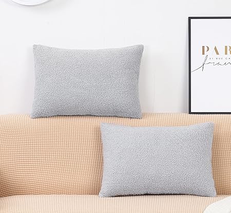 TangDepot Pack of 2 Luxury Faux Shearling Fluffy Throw Pillow Covers, Lumbar Pillow Covers, Indoor/Outdoor Pillowcases - (12"x20" 2 Pieces, A12 Light Grey)