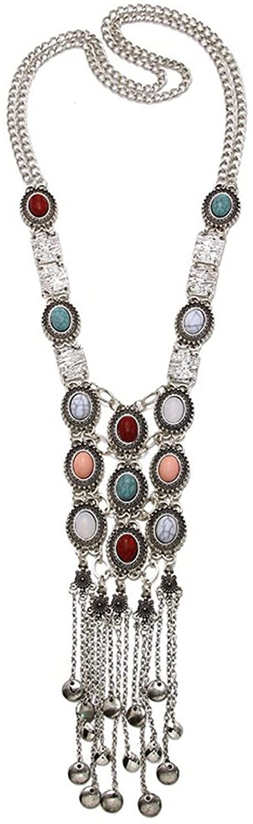 Turquoise Long Boho Bohemian Statement Ethnic Tribal Necklace for Women Vintage Retro Rhinestone (Silver)