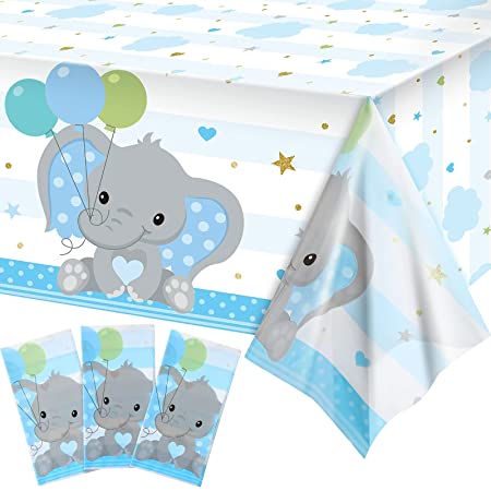 Baby Shower Table Cover Decorations Elephant Tablecloth Table Cover Plastic Rectangle Table Decors for Baby Boy Girl Gender Reveal Party Supplies, 54 x 108 Inches (Blue,3 Pieces)