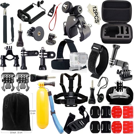Iextreme 44-in-1 Action Camera Accessory Bundle - Head Strap   Chest Harness   Anti-fog Insert   Tripod Mount Adapter   Selfie Stick   Wrench   Handlebar Mount   Side Mount   Wrist Strap   3-way Pivot Arm   Vented Helmet Strap Mount   Floating Hand Grip   Quick Release Buckle   Curved & Flat Adhesive Mount   Carrying Case for GoPro HERO Session / HERO4 Session / HERO4 / HERO  LCD / HERO  / HERO3  / HERO3 / HD HERO2 / HD HERO, SJCAM SJ4000 / SJ5000 / SJ6000 / SJ7000, Xiaomi Yi