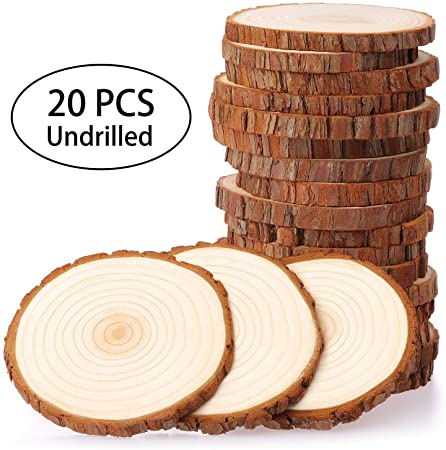 Fuyit Natural Wood Slices 20 Pcs 3.5-4 Inches Unfinished Wood Craft Kit Undrilled Wooden Circles Without Hole Tree Slice with Bark for Arts Painting Christmas Ornaments DIY Crafts