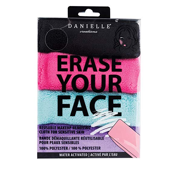 Danielle Creations Erase Your Face Makeup Removing Cloths, Black/Purple/Pink/Turquoise, Pack of 4