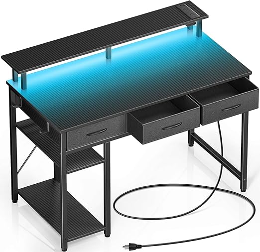 Rolanstar Computer Desk with Power Outlets & LED Light, 39 inch Home Office Desk with 3 Drawers and Storage Shelves, Writing Desk with Monitor Stand, Modern Work Desk for Home Office, Carbon Black