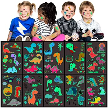 10 Sheets Luminous Dinosaur Temporary Tattoos for Kids, Glow Waterproo In The Dark Waterproof Fake Stickers for Boys and Girls Birthday Party Supplies, Stocking Stuffers,