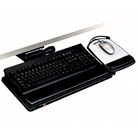 3M Keyboard Tray with Adjustable Keyboard and Mouse Platforms, Just Lift to Adjust Height and Tilt, Swivels and Stores Under Desk, Gel Wrist Rest and Precise Mouse Pad, 23" Track, Black (AKT150LE)