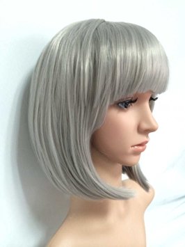 eNilecor® Short Bob Hair Wigs 12" Straight with Flat Bangs High Quality Synthetic Colorful Cosplay Daily Party Wig for Women Natural As Real Hair  Free Wig Cap (Silver Grey)