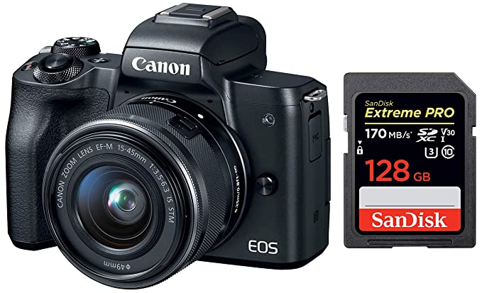 Canon EOS M50 24.1MP Mirrorless Camera (Black) with EF-M 15-45 is STM Lens   SanDisk 128GB Extreme Pro SDXC UHS-I Card - C10, U3, V30, 4K UHD, SD Card