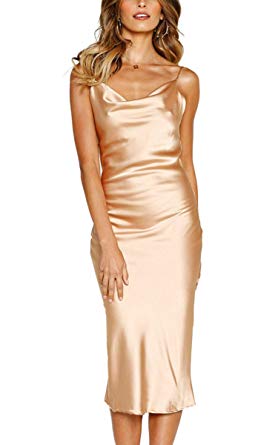 Angashion Women's Dresses - Sexy Elegant Printed Spaghetti Strap Silky Satin Party Club Cocktail Bodycon Midi Dress