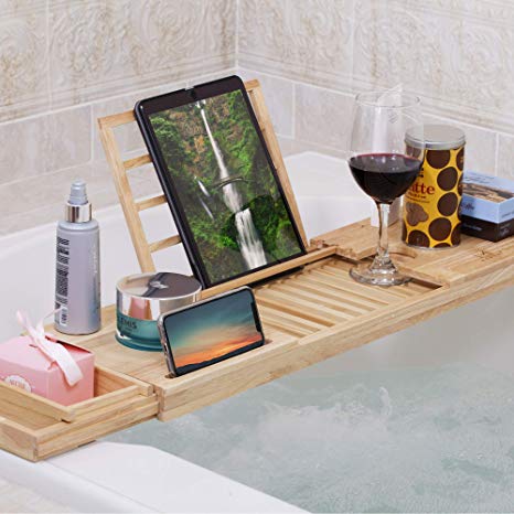 MOMONI Premium Luxury Wood Bathtub Caddy Tray with Expandable Side Holders Non Slip Bathtub Bed and Bath Table Tray with Book, Tablet, Cellphone Holder Him and Her Gift Idea
