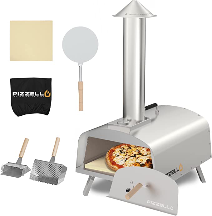 PIZZELLO Outdoor Pizza Oven Stainless Steel Wood Fired Portable wood pellet pizza oven with 13“ Pizza Stone, Pizza Peel, Fold-up Legs, Travel Bag