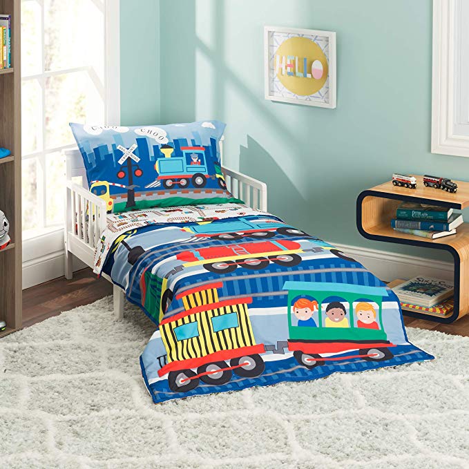 EVERYDAY KIDS 4 Piece Toddler Bedding Set -Choo Choo Train- Includes Comforter, Flat Sheet, Fitted Sheet and Reversible Pillowcase
