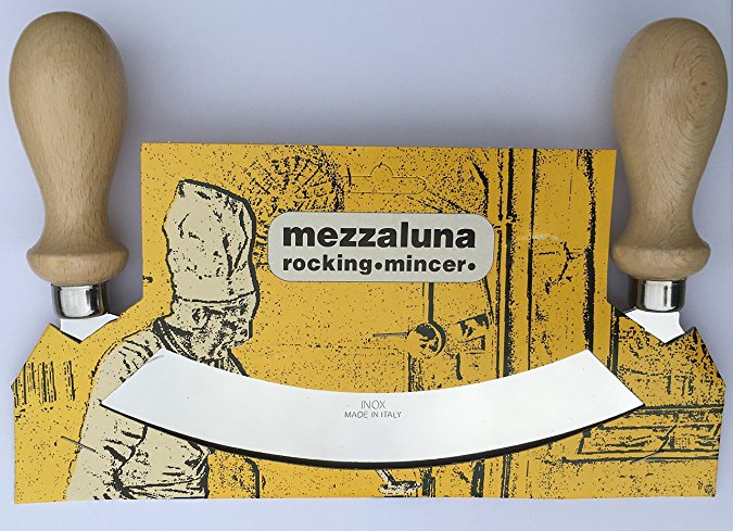 10 Inch Authentic Italian Stainless Steel Rocking Mezzaluna Knife with Wood Handles