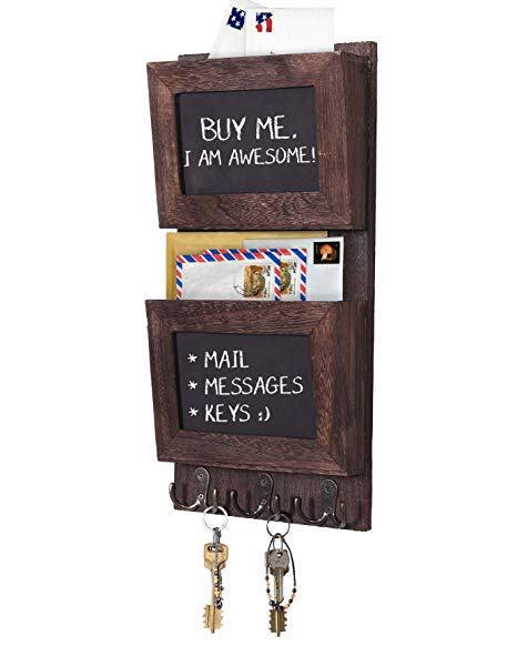 Rustic 2-Slot Mail Sorter Organizer for Wall with Chalkboard Surface & 3 Double Key Hooks - Wooden Wall Mount Mail Holder Organizer – Wall Décor for Entryway made of Paulownia Wood - Torched Brown