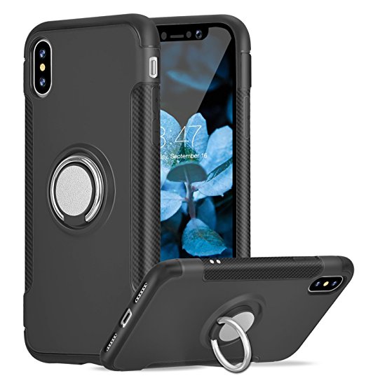 iPhone X Case, DAUPIN iPhone X Ring Case Kickstand Ring Stand Grip With Metal Patch Shock Absorbing Bumper soft TPU inner Hard PC Back Cover for Apple 5.8" iPhone X (2017)-Black