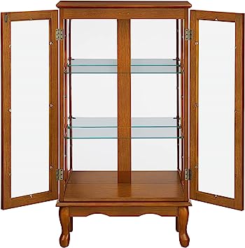 NA Glass Diapaly Cabinet Curio Cabinet Lighted Curio with Adjustable Shelves and Mirrored Back Panel, Tempered Glass Doors ，3 Tier (Oak)