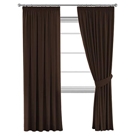 H.Versailtex Solid Thermal Insulated Blackout Pencil Pleat Anti - Mite Curtains for Bedroom with Two Free Tiebacks - Dark Brown, Energy Saving & Noise Reducting, 90" Width x 72" Drop, Set of 2 pieces