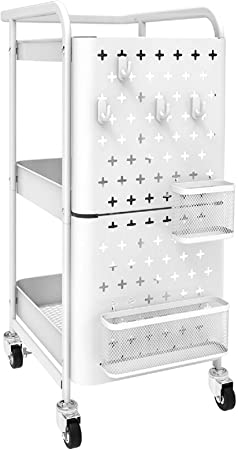 Dailyart 3-Tier Rolling Utility Cart Kitchen Cart Storage Trolley Organizer Cart Laundry Organizers with Removable Pegboard and Extra Hooks-Lockable Rolling Caster-for Kitchen Office Home Party-White