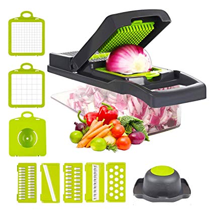 Vegetable Chopper Cutter Slicer Onion Chopper Pro Manual Grater Food Slicer Container 12-in-1 Vegetable Spiralizer Fruit-Cheese-Potato Chopper-Dicer Multi Blades Kitchen