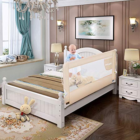 70 Inches Bed Rail for Toddlers Fold Down Safety Baby Bed Guard Swing Down Bedrail for Convertible Crib, Kids Twin, Double, Full Size Queen & King Mattress by WELSPO, Beige (1 Pack)
