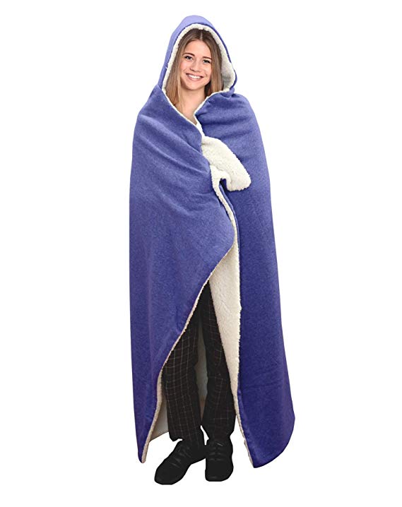 Hooded Jersey Soft Fleece Sherpa Wearable Functional Lounging Camping Indoor Outdoor Travel Warm Cozy Throw Blanket Poncho, Back to School Dorm Gift Unisex All Ages One Size Fits All 50" x 60" (Blue)
