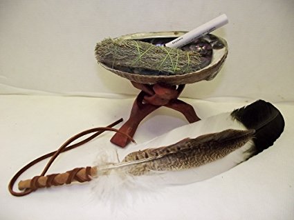 Sage Smudge Kit with Large Abalone Shell Stand Feather and White Sage