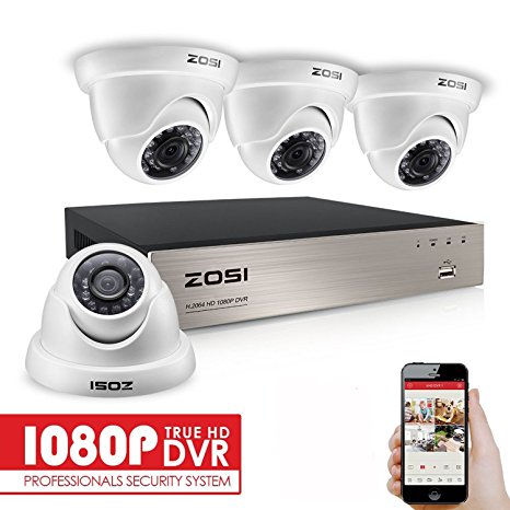 1080P CCTV Camera System ,ZOSI 4CH 1080P HD Realtime TVI CCTV DVR Recorder w/ 4x HD 1920x1080P 2.0MP Weatherproof Dome Camera, Smart Email Alert, NO Hard Drive