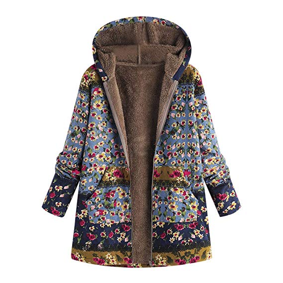 WOCACHI Womens Floral Coats Warm Faux Plush Vintage Jackets Hooded Outerwear