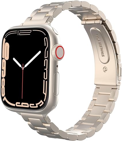 MoKo Thin Band Compatible with Apple Watch 38mm 40mm 41mm, Slim Stainless Steel Wristband Metal Replacement Adjustable Strap for iWatch SE SE2 Series 9 8 7 6 5 4 3 2 1, Starlight