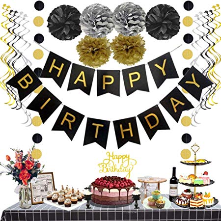 Moohome Black and Gold Happy Birthday Decoration Kits, Happy Birthday Banner, Hanging Streamers/Swirls, Paper Garland Pom-Poms and Happy Birthday Cake Topper for Birthday Party Decorations