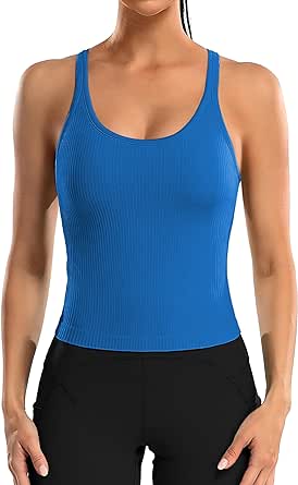 ATTRACO Women Ribbed Workout Crop Tops with Built in Bra Yoga Racerback Tank Top Tight Fit