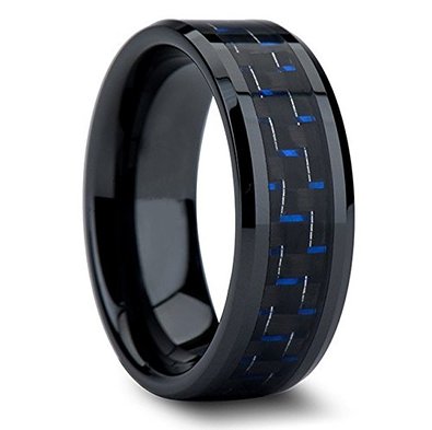 King Will Tungsten 8mm Black and Blue Carbon Fiber Inlay High Polish Men's Wedding Band Ring