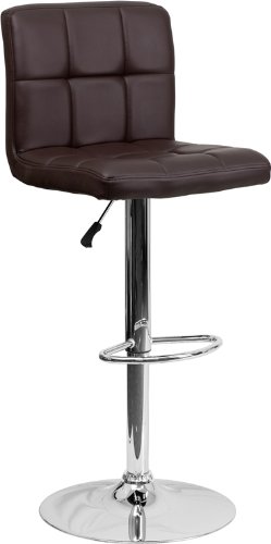 2 Pk Contemporary Brown Quilted Vinyl Adjustable Height Bar Stool with Chrome Base
