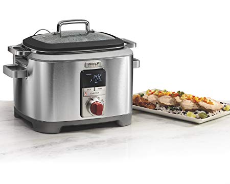 Wolf Gourmet WGSC100S Programmable Multi Function Cooker with Temperature Probe - Slow Cooker, Rice Cooker, Sauté, Sear, Sous Vide, Stainless Steel with Red Knob