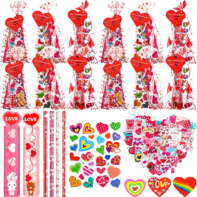 Valentines Day Gifts for Kids Classroom School, 12 Pack Valentine's Classroom Exchange Party Favor, Stationery Set with Cards, Stickers, Pencils, Eraser, Rulers, Foam Stickers Goody Bags, Total 122 pieces