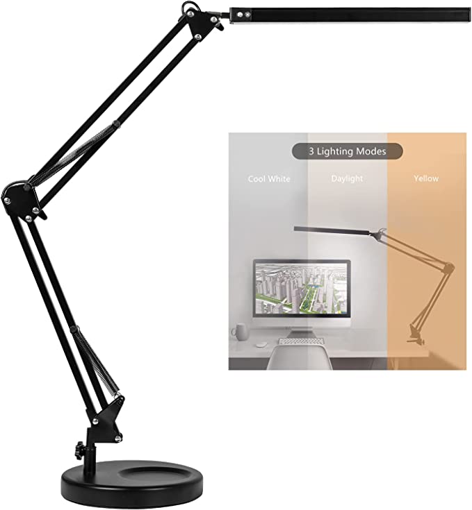 Psiven LED Architect Desk Lamp, Metal Swing Arm Dimmable Task Lamp, Eye Care Table Lamp with Clamp and Base (3 Color Modes, 10-Level Dimmer) Highly Adjustable Office, Craft, Drawing, Workbench Light